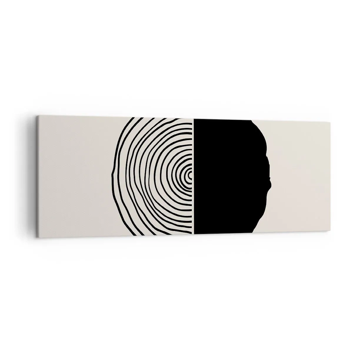 Impression sur toile - Image sur toile - Un motif abstrait en noir et blanc inspiré d'une coupe transversale de bois avec une division géométrique. - 140x50cm - Moitié-moitié - Décoration murale moderne pour le salon et la chambre ARTTOR