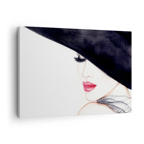 Impression sur toile - Image sur toile - Une illustration subtile d'une femme portant un chapeau noir et des lèvres rouges - 70x50cm - Élégance et sensualité - Décoration murale moderne pour le salon et la chambre ARTTOR