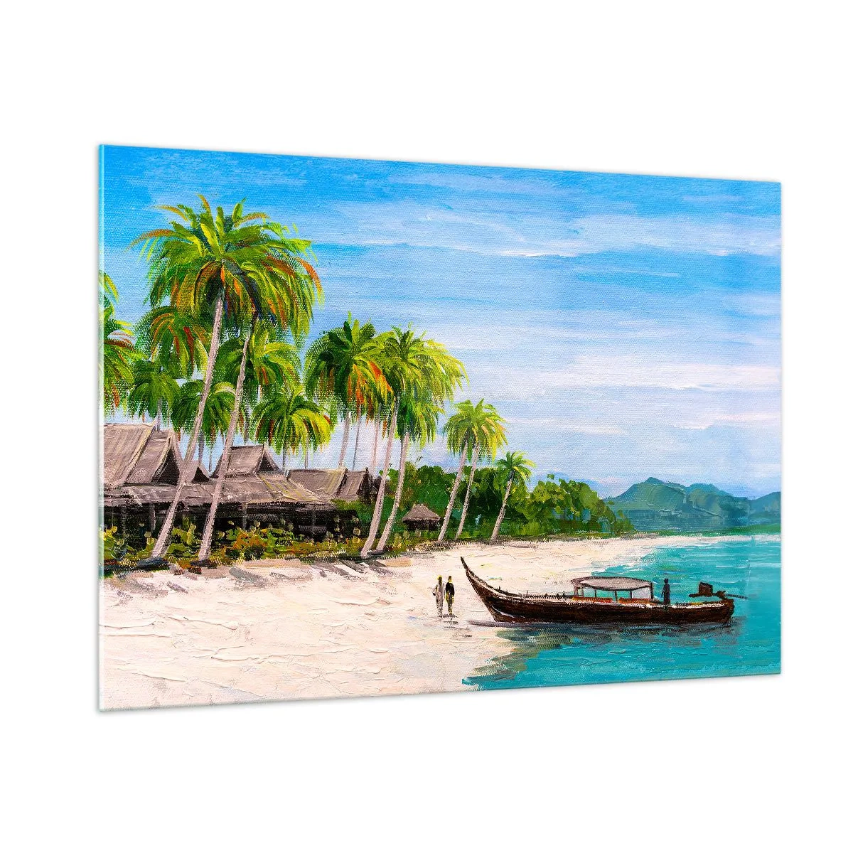 Impression sur verre - Image sur verre - Plage tropicale avec un bateau et des palmiers à côté de huttes traditionnelles - 100x70cm - Rêve exotique - Décoration murale moderne pour le salon et la chambre ARTTOR