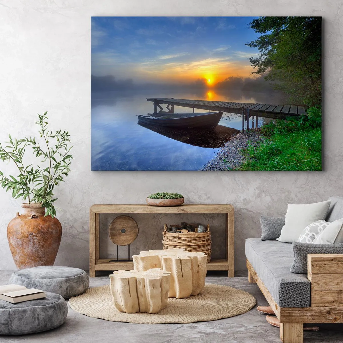 Impression sur toile - Image sur toile - Une jetée au bord du lac au lever du soleil avec un bateau sur le rivage - 100x70cm - Comment l'ordinaire se transforme en magie - Décoration murale moderne pour le salon et la chambre ARTTOR