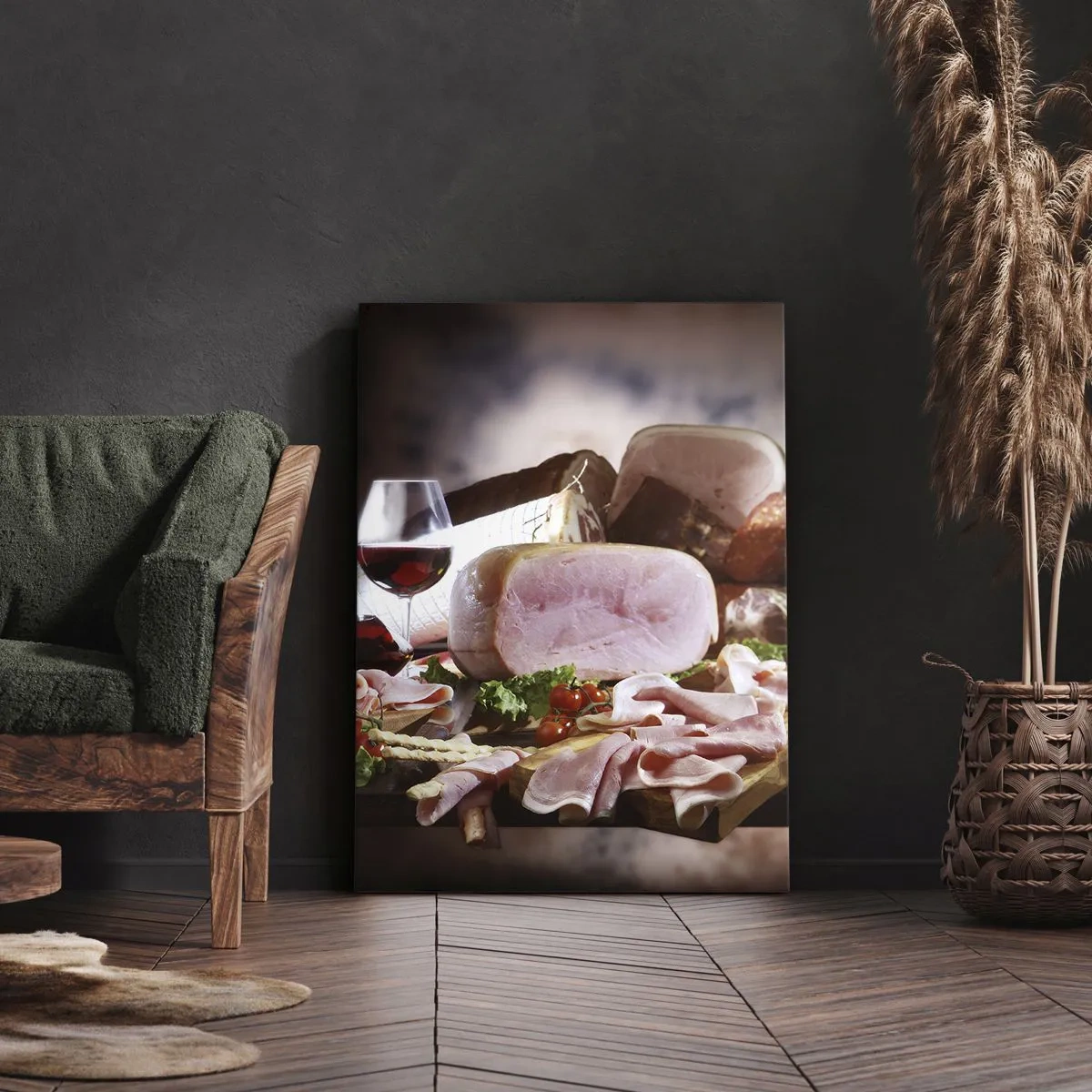 Impression sur toile - Image sur toile - Charcuterie au vin sur fond rustique - 70x100cm - Un rêve culinaire avec une carafe - Décoration murale moderne pour le salon et la chambre ARTTOR