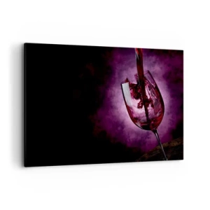 Impression sur toile - Image sur toile - Du vin rouge versé dans un verre sur fond de fumée violette - 120x80cm - Écarlate? Carmin? Non, rubis. - Décoration murale moderne pour le salon et la chambre ARTTOR