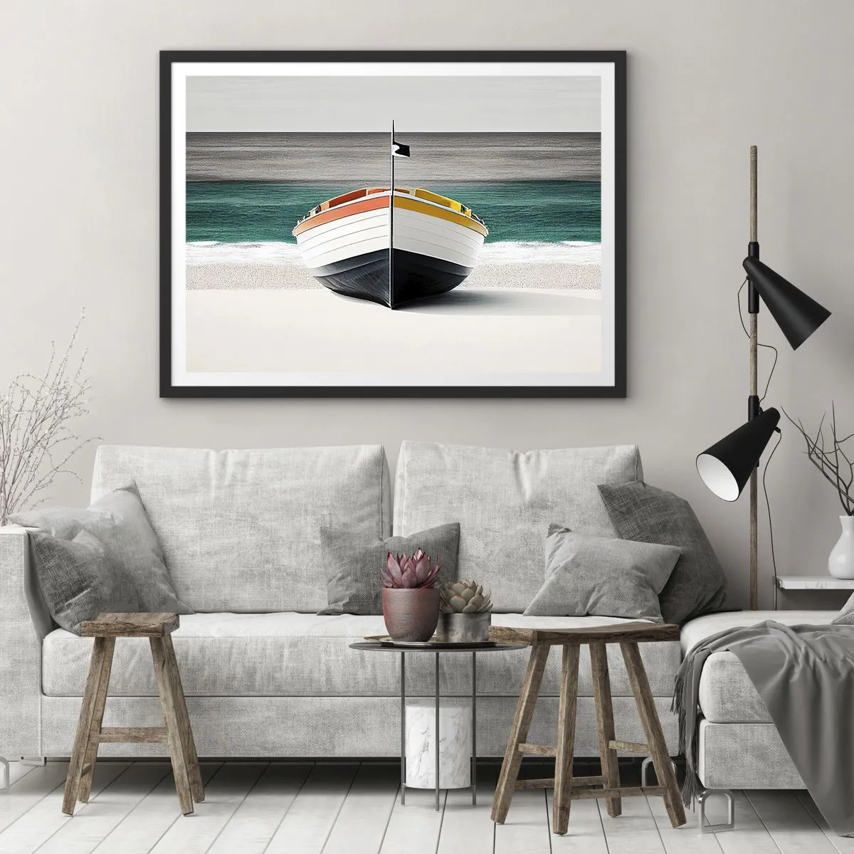 Affiche dans un cadre noir - Poster - Un bateau sur la plage avec une mer turquoise en arrière-plan - 70x50cm - A sa place - Décoration murale moderne pour le salon et la chambre ARTTOR