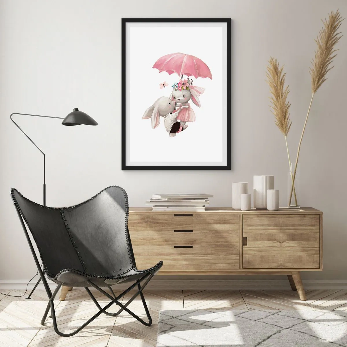 Affiche dans un cadre noir - Poster - Des lapins mignons sous un parapluie rose - 50x70cm - C'est ça l'amour - Décoration murale moderne pour le salon et la chambre ARTTOR
