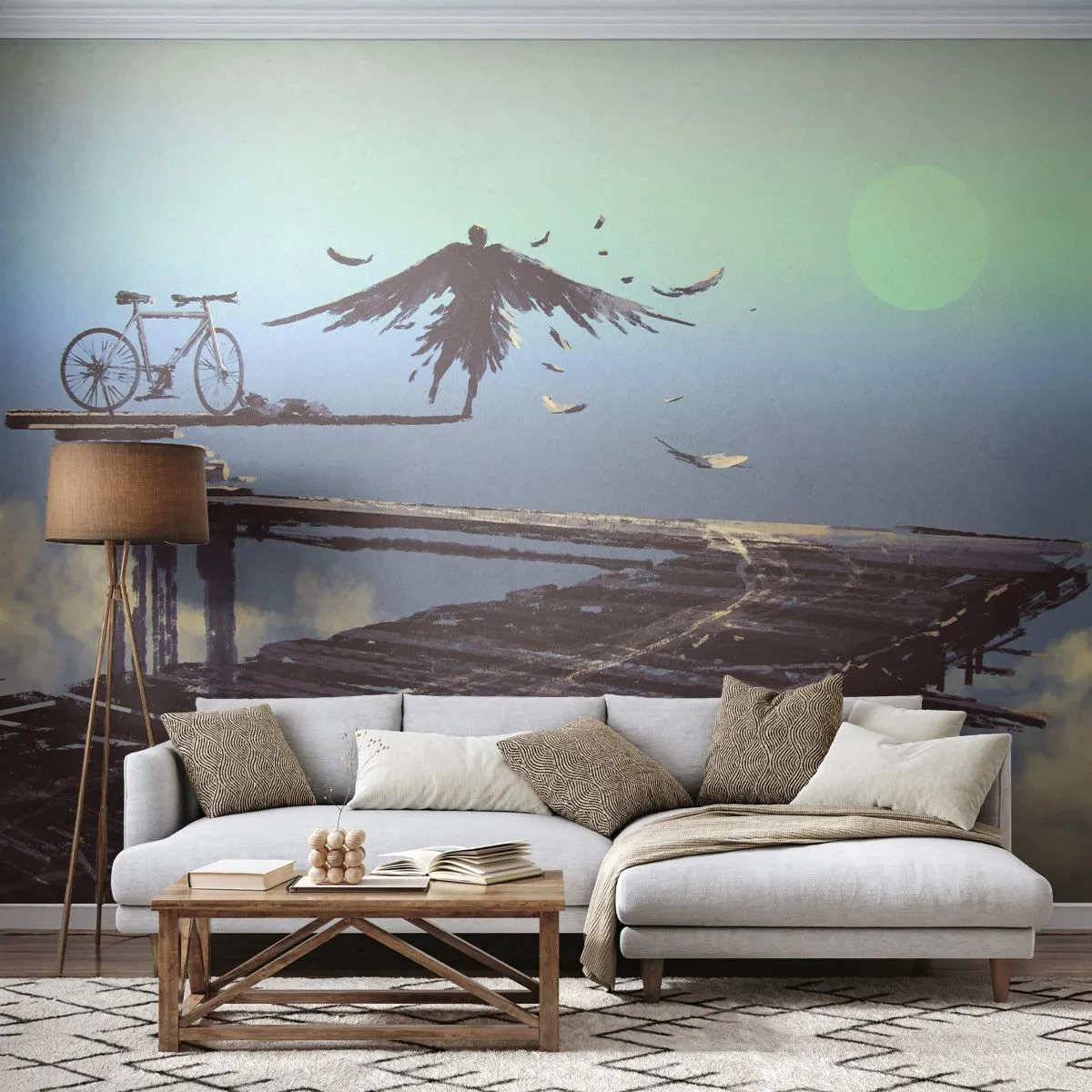 Papier Peint Photo Premium Canvas - Une silhouette avec des plumes plane au-dessus d'un pont en bois à côté d'un vélo. - 100x70cm - Icare est toujours vivant - Décoration murale moderne pour le salon et la chambre ARTTOR