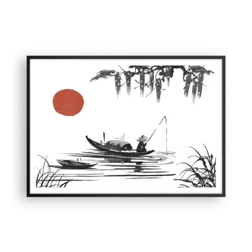 Affiche dans un cadre noir - Poster - Paysage oriental avec un pêcheur sur un bateau et un soleil rouge - 100x70cm - Après-midi asiatique - Décoration murale moderne pour le salon et la chambre ARTTOR