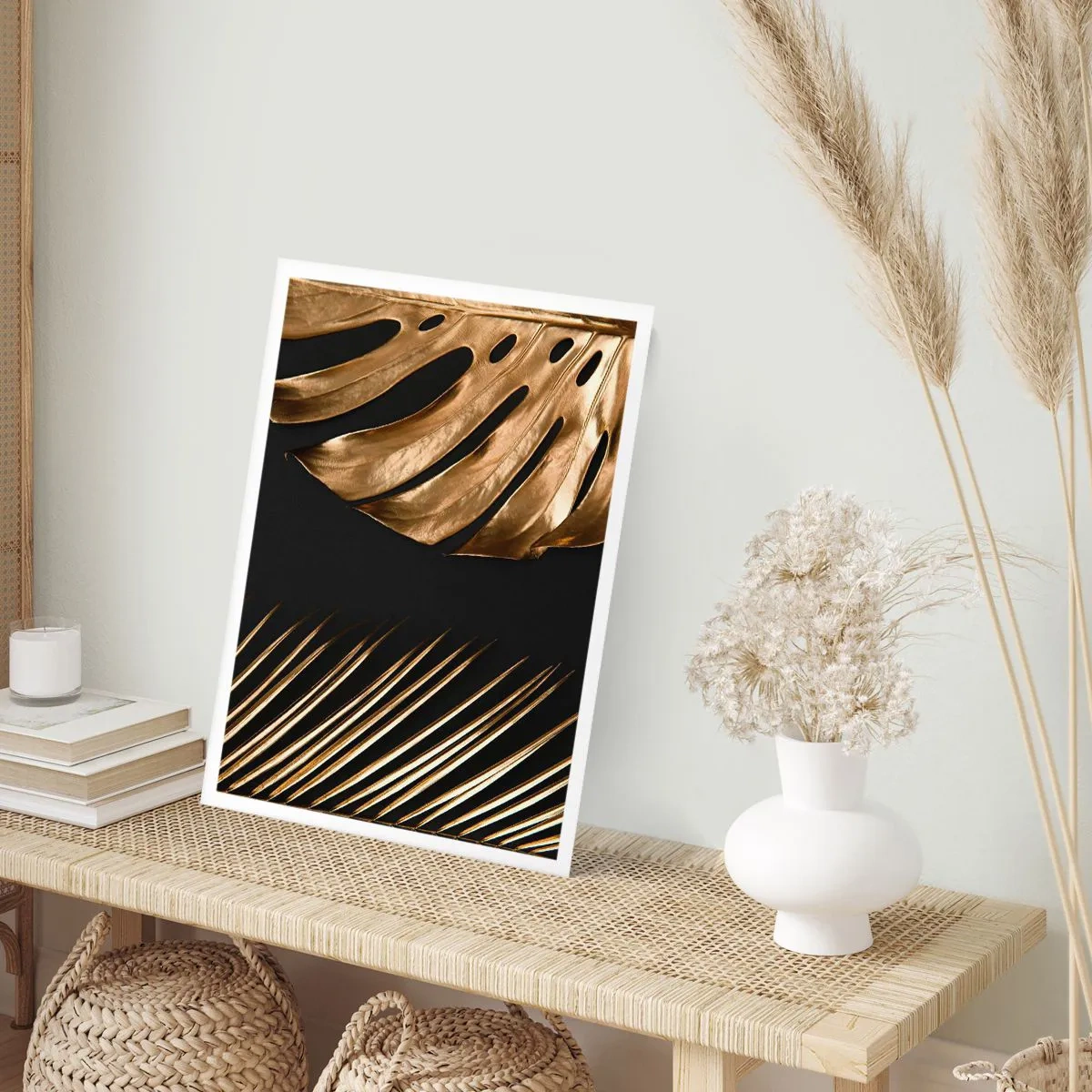 Affiche - Poster - Feuilles d'or sur fond noir dans un style élégant - 50x70cm - Différent et tout aussi cher - Décoration murale moderne pour le salon et la chambre ARTTOR