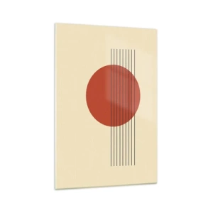 Impression sur verre - Image sur verre - Cercle rouge abstrait avec des lignes sur fond beige. - 70x100cm - Aux alentours et plus loin - Décoration murale moderne pour le salon et la chambre ARTTOR