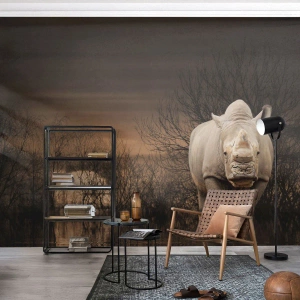 Papier Peint Photo Premium Canvas - Blanc contre nature - Rhinocéros, Animaux, Afrique - 200x140 cm