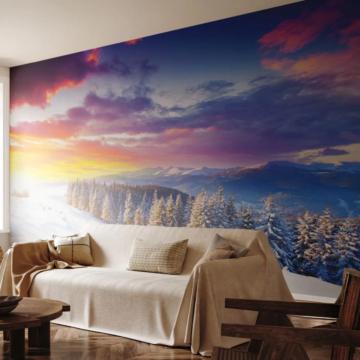 Papier Peint Photo Premium Canvas - Paysage d'hiver avec montagnes et forêt au coucher du soleil - 100x70cm - En pleine journée - Décoration murale moderne pour le salon et la chambre ARTTOR