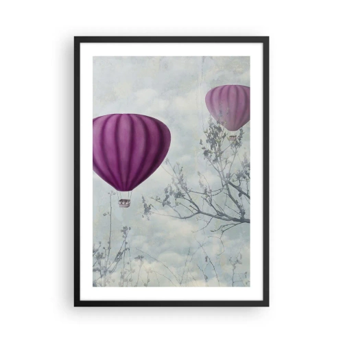 Affiche dans un cadre noir - Poster - Des ballons violets flottant parmi les branches des arbres - 50x70cm - Comme des navires dans le ciel - Décoration murale moderne pour le salon et la chambre ARTTOR