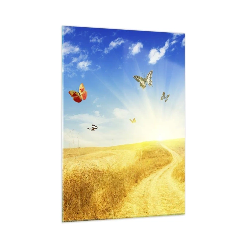 Impression sur verre - Image sur verre - Papillons planant au-dessus d'un chemin de terre au lever du soleil - 50x70cm - Et comment ne pas aimer l'été ? - Décoration murale moderne pour le salon et la chambre ARTTOR