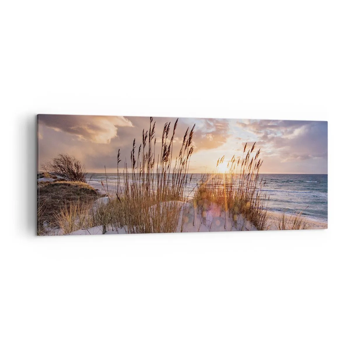 Impression sur toile - Image sur toile - Dunes avec des herbes sur fond de soleil couchant - 140x50cm - Salutations du soleil et du vent - Décoration murale moderne pour le salon et la chambre ARTTOR