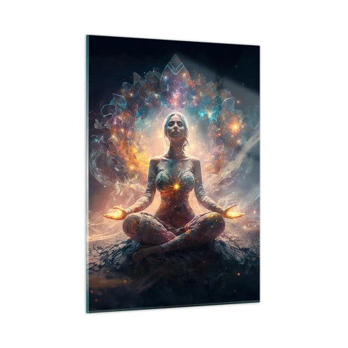 Impression sur verre - Image sur verre - Une femme méditant dans une aura lumineuse d'énergie et de couleur - 50x70cm - Flux de bonne énergie - Décoration murale moderne pour le salon et la chambre ARTTOR