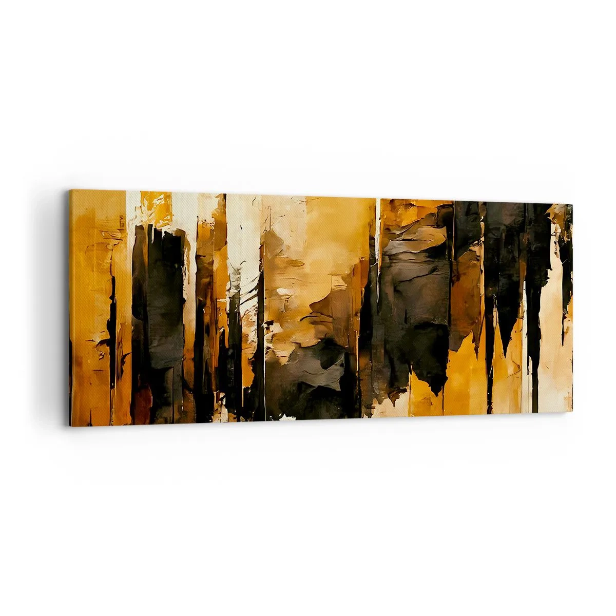Impression sur toile - Image sur toile - Rayures abstraites dorées et noires dans une composition artistique - 120x50cm - Harmonie de noir et d'or - Décoration murale moderne pour le salon et la chambre ARTTOR