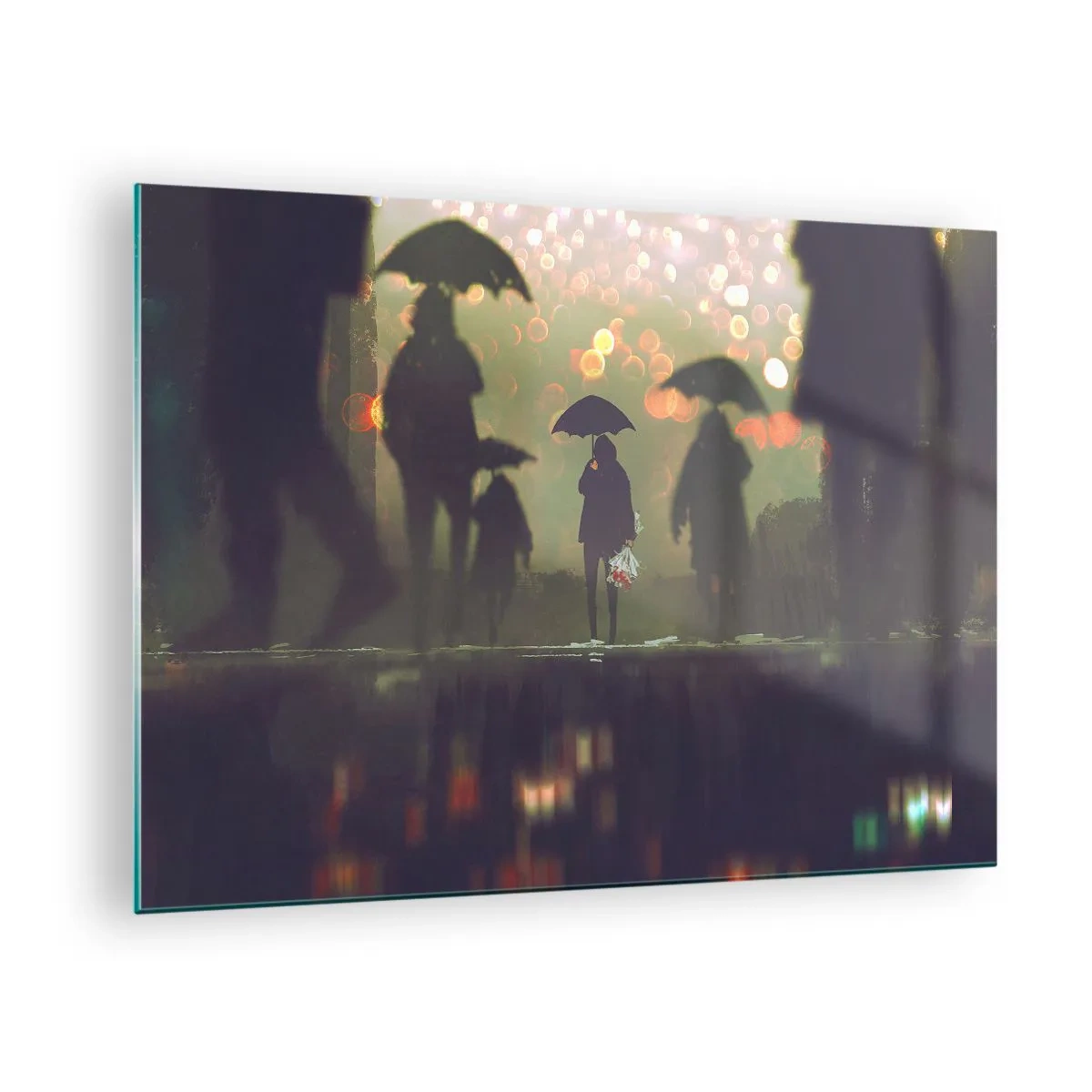 Impression sur verre - Image sur verre - Personnages avec parapluies sous la pluie sur fond de lumières de la ville - 70x50cm - Du point de vue d'une goutte de pluie - Décoration murale moderne pour le salon et la chambre ARTTOR