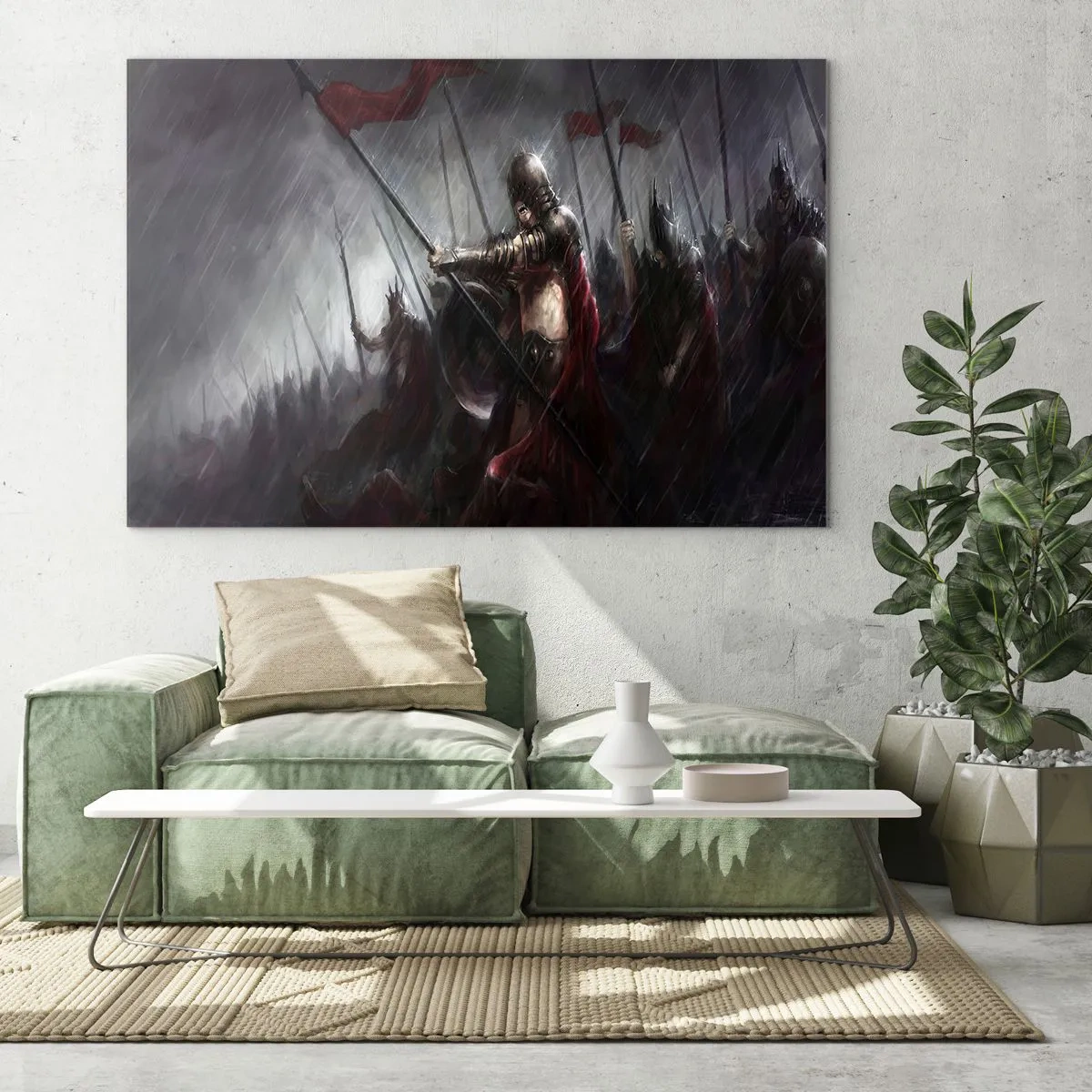 Impression sur verre - Image sur verre - Chevaliers sous la pluie sur le champ de bataille en tenue complète - 70x50cm - Passant, dis à Sparte… - Décoration murale moderne pour le salon et la chambre ARTTOR
