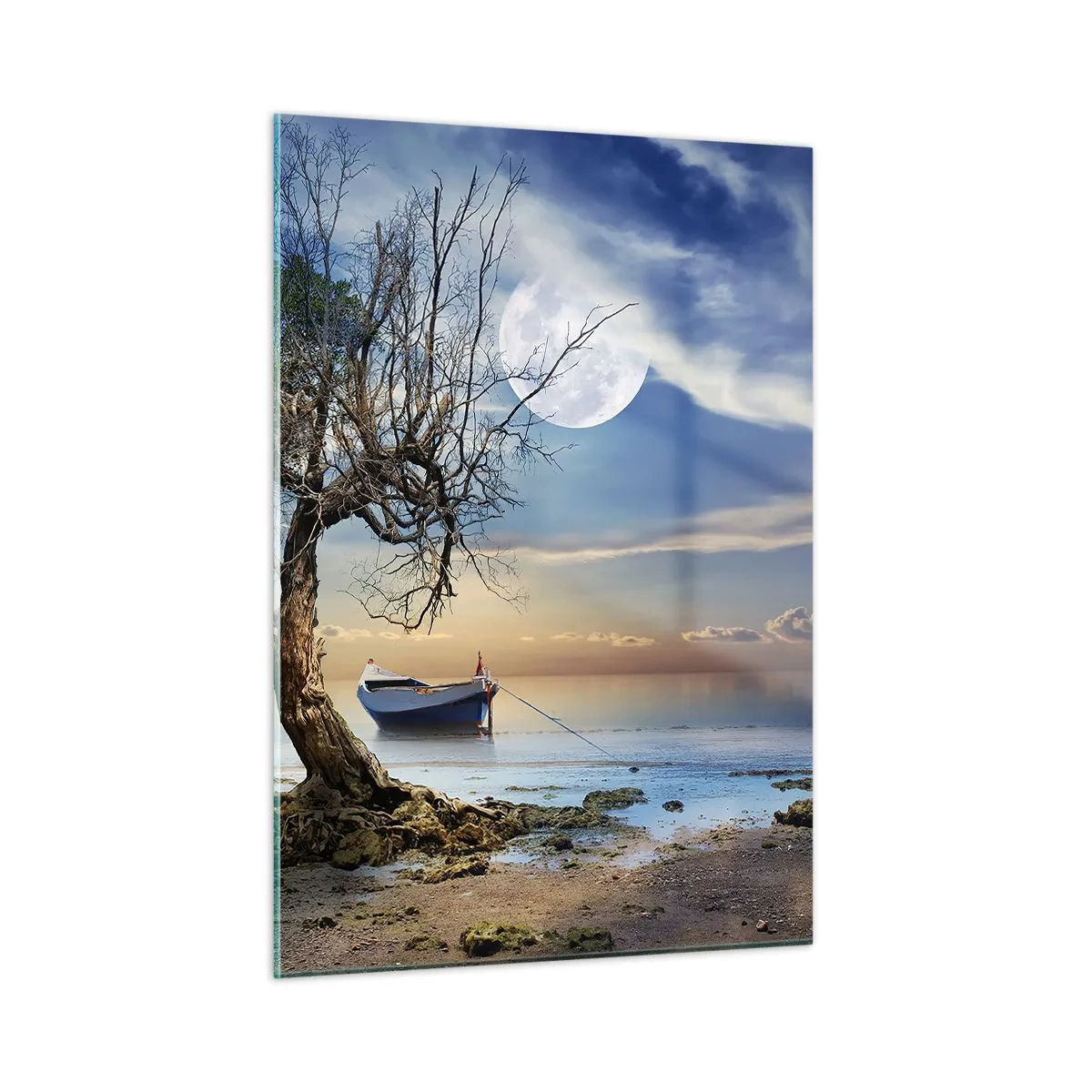 Impression sur verre - Image sur verre - Un bateau solitaire près d'un arbre sur fond de lune - 50x70cm - Est-ce la fin ou le début ? - Décoration murale moderne pour le salon et la chambre ARTTOR