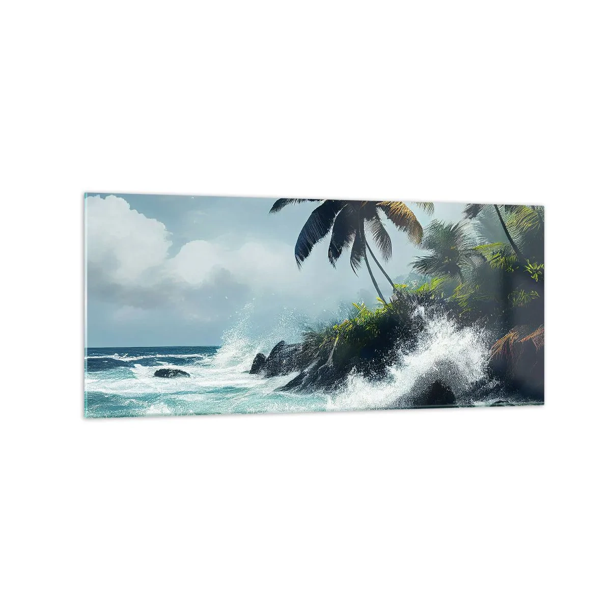 Impression sur verre - Image sur verre - Rivage tropical avec palmiers et mer agitée - 120x50cm - Sur une côte tropicale - Décoration murale moderne pour le salon et la chambre ARTTOR