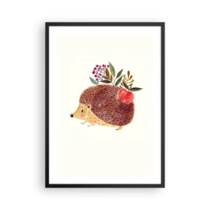 Affiche dans un cadre noir - Poster - Un hérisson mignon avec une pomme et des brindilles sur un fond clair - 50x70cm - Et tu m’apprécies déjà - Décoration murale moderne pour le salon et la chambre ARTTOR