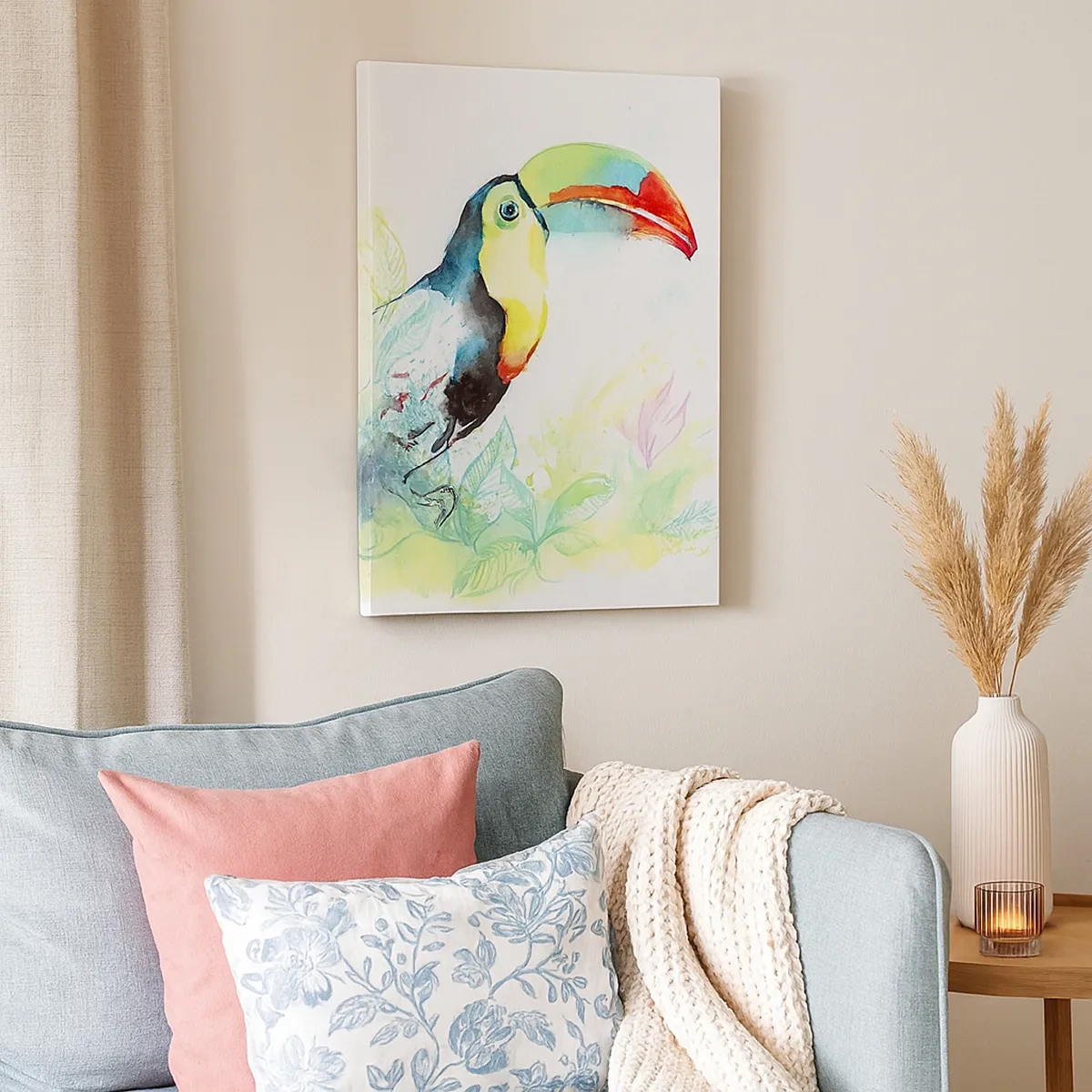 Impression sur toile - Image sur toile - Illustration à l'aquarelle d'un toucan sur fond tropical - 50x70cm - Aussi coloré que l'Amérique du Sud - Décoration murale moderne pour le salon et la chambre ARTTOR