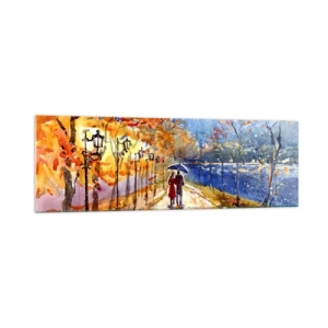 Impression sur verre - Image sur verre - Une promenade d'automne dans le parc au bord de la rivière sous un parasol - 160x50cm - Ensemble jusqu'au bout du temps - Décoration murale moderne pour le salon et la chambre ARTTOR