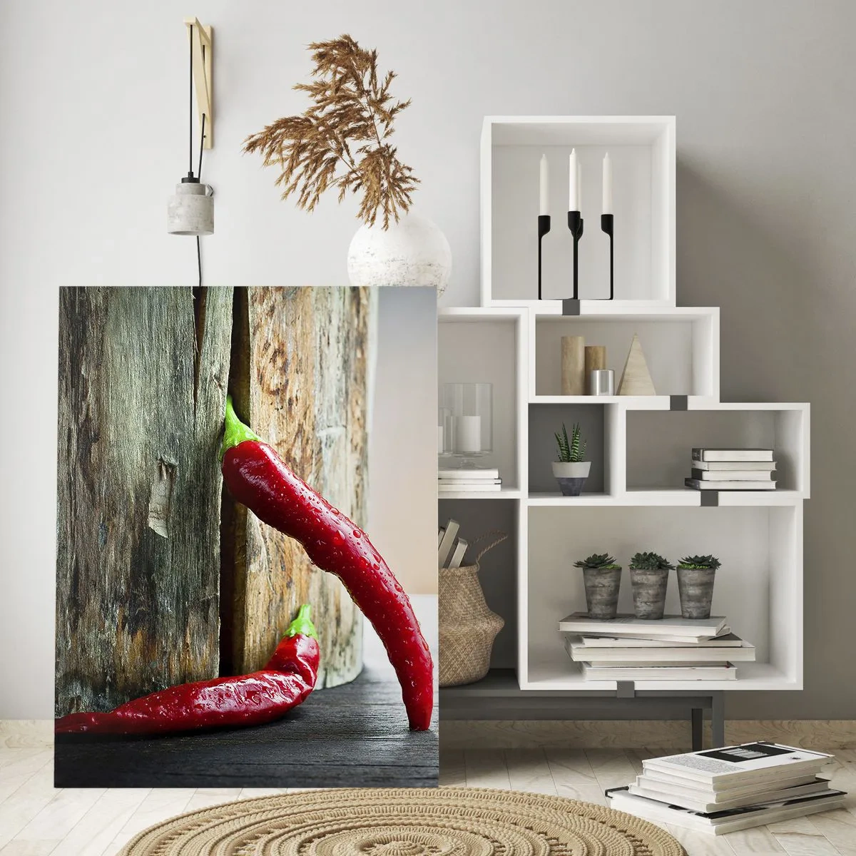 Impression sur verre - Image sur verre - Piments rouges sur fond de bois - 50x70cm - Red hot chili peppers - Décoration murale moderne pour le salon et la chambre ARTTOR