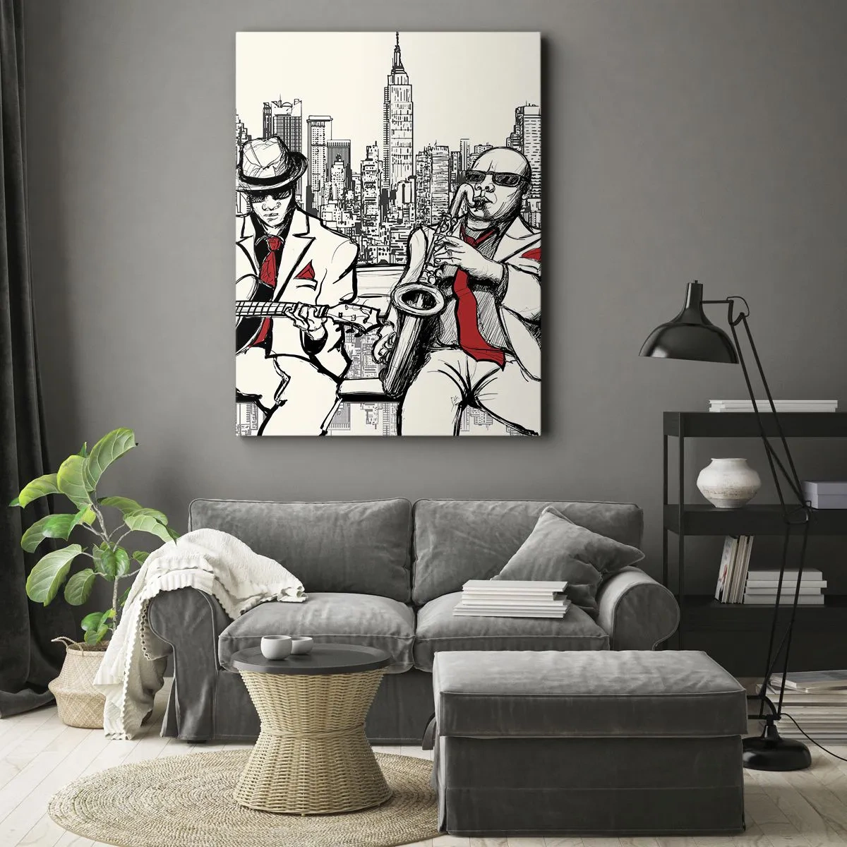 Impression sur toile - Image sur toile - Un duo de jazz avec saxophone et guitare sur fond de ville - 80x120cm - improvisation new-yorkaise - Décoration murale moderne pour le salon et la chambre ARTTOR