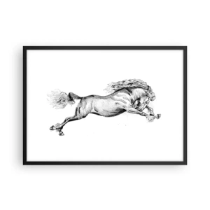 Affiche dans un cadre noir - Poster - Croquis d'un cheval au galop dynamique sur fond blanc - 70x50cm - Immortalisé au galop - Décoration murale moderne pour le salon et la chambre ARTTOR