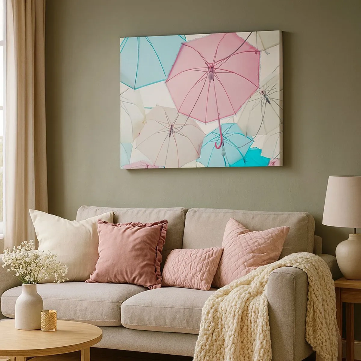 Impression sur toile - Image sur toile - Parapluies pastel contre un ciel lumineux - 70x50cm - Parfois le soleil, parfois la pluie - Décoration murale moderne pour le salon et la chambre ARTTOR