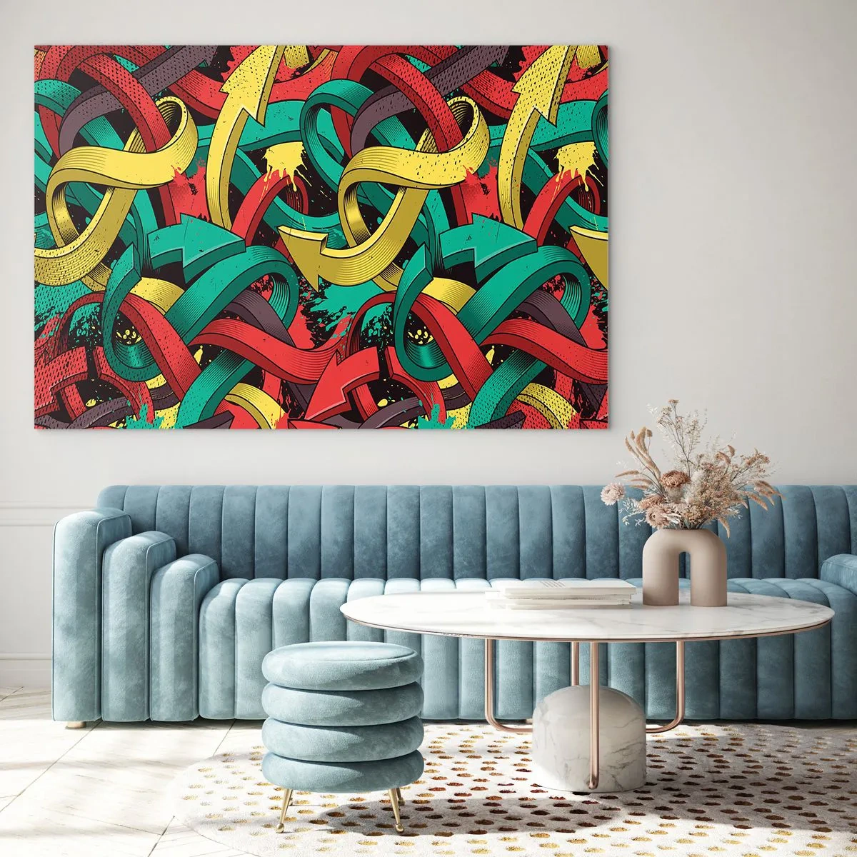 Impression sur verre - Image sur verre - Abstraction colorée avec des flèches dynamiques et du mouvement - 70x50cm - Quel chemin vers le but ? - Décoration murale moderne pour le salon et la chambre ARTTOR