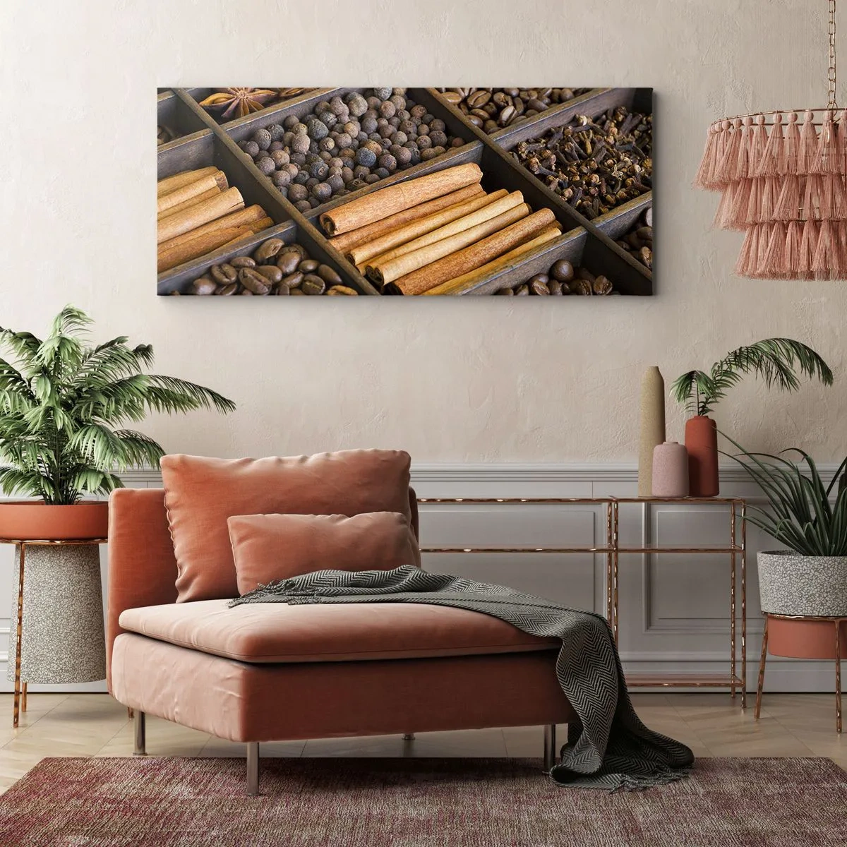 Impression sur toile - Image sur toile - Épices et café dans des compartiments en bois - 160x50cm - Trésor d'arômes - Décoration murale moderne pour le salon et la chambre ARTTOR