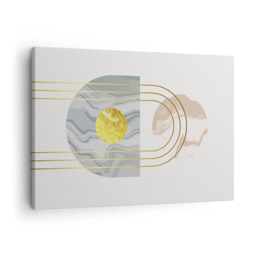 Impression sur toile - Image sur toile - Composition abstraite avec des cercles et des lignes dorées sur fond clair. - 70x50cm - Clareté et brillance - Décoration murale moderne pour le salon et la chambre ARTTOR