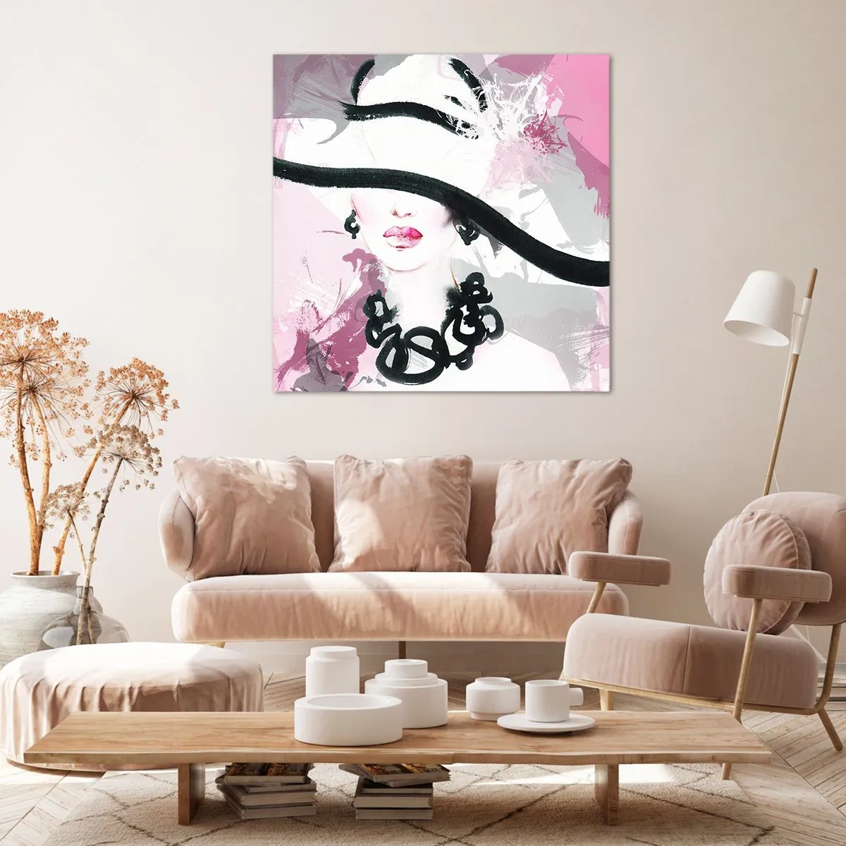 Impression sur toile - Image sur toile - Portrait d'une dame en noir et rose - 40x40 cm