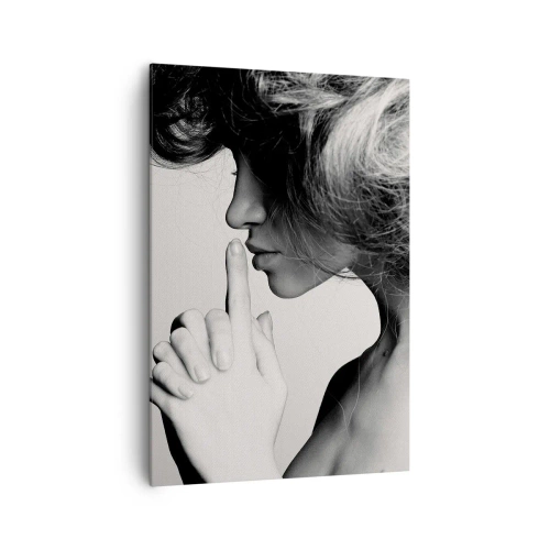 Impression sur toile - Image sur toile - Profil noir et blanc d'une femme faisant un geste de silence - 70x100cm - A l'écoute d'elle-même - Décoration murale moderne pour le salon et la chambre ARTTOR