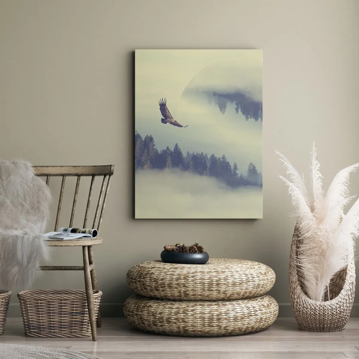 Impression sur toile - Image sur toile - Un aigle en vol sur fond de montagnes brumeuses avec un motif circulaire artistique - 70x100cm - J'ai vu l'ombre d'un aigle - Décoration murale moderne pour le salon et la chambre ARTTOR