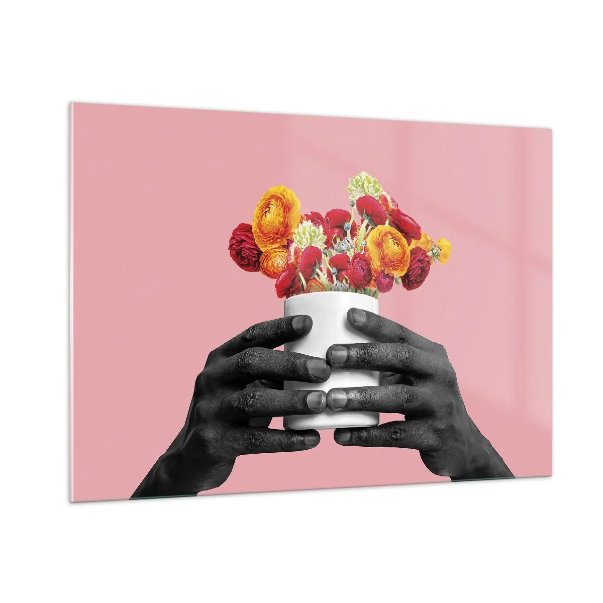 Impression sur verre - Image sur verre - Mains noires et blanches tenant un bouquet de fleurs colorées - 100x70cm - Apothéose de la vie - Décoration murale moderne pour le salon et la chambre ARTTOR