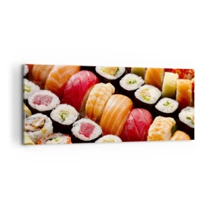 Impression sur toile - Image sur toile - Sushis colorés disposés en rangées avec diverses garnitures - 120x50cm - Couleurs et saveurs d'Asie - Décoration murale moderne pour le salon et la chambre ARTTOR