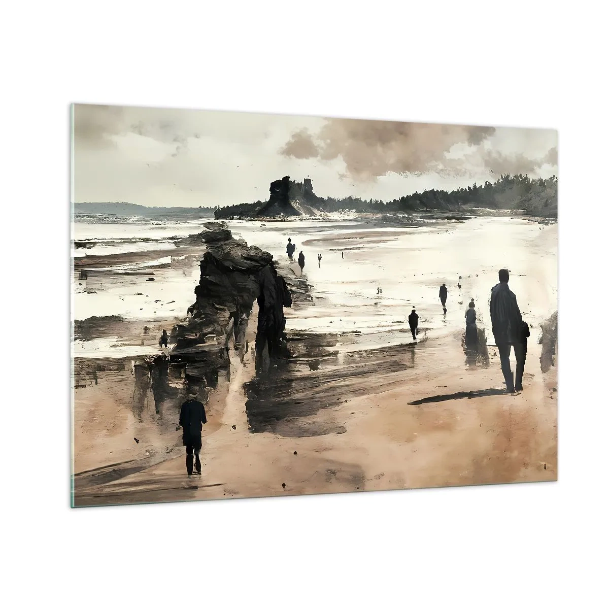Impression sur verre - Image sur verre - Silhouettes marchant sur une large plage sous un ciel nuageux - 100x70cm - Invoqué - Décoration murale moderne pour le salon et la chambre ARTTOR