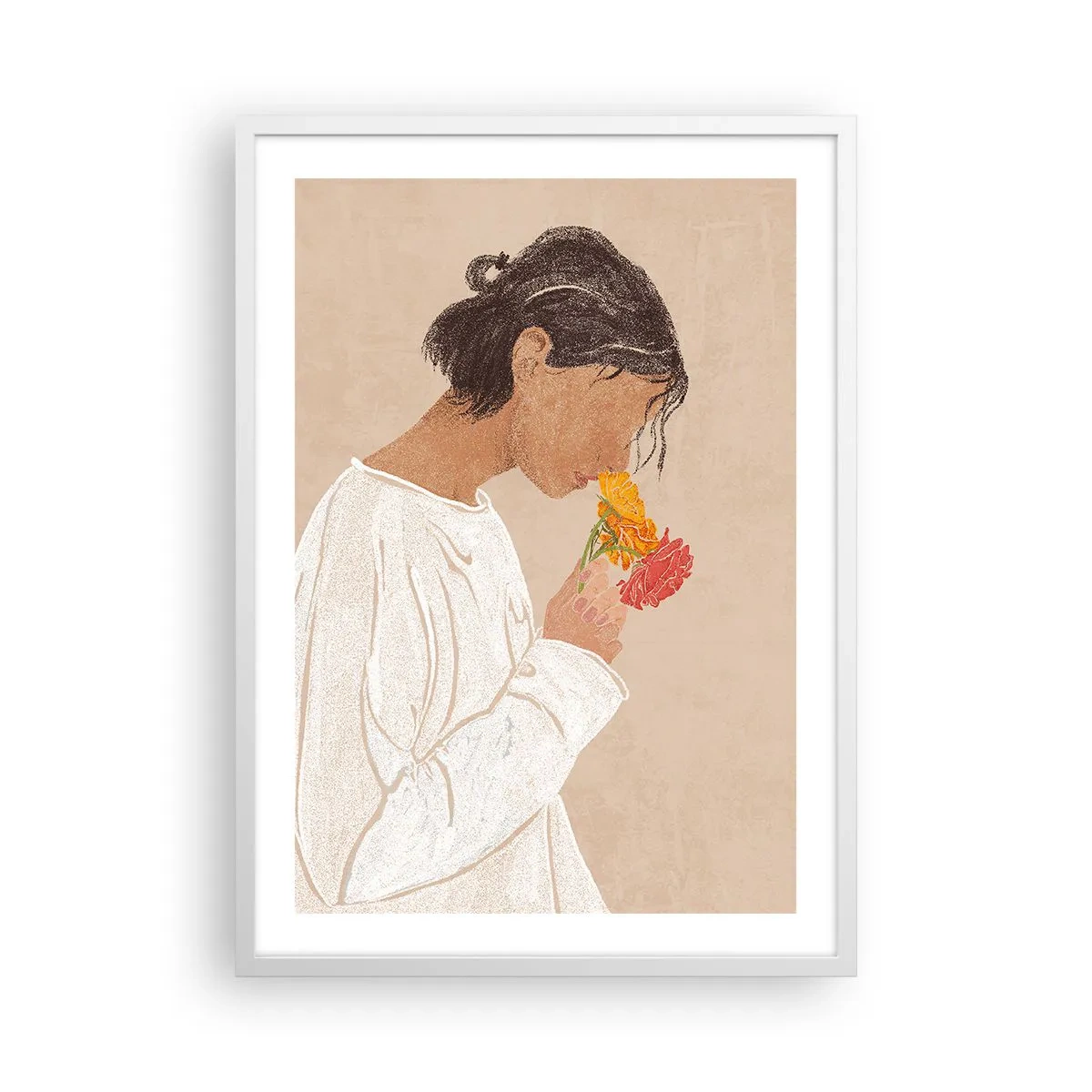 Affiche dans un cadre blanc - Poster - Fille et fleurs - 50x70 cm