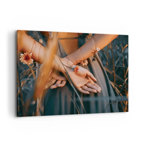 Impression sur toile - Image sur toile - Mains sensuelles avec des fleurs dans un cadre naturel - 100x70cm - Liée à la nature - Décoration murale moderne pour le salon et la chambre ARTTOR