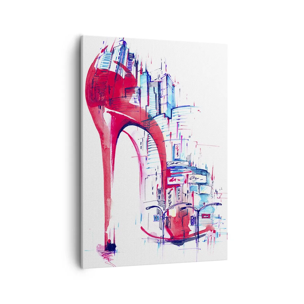 Impression sur toile - Image sur toile - Talon aiguille rouge abstrait avec détails urbains - 50x70cm - L'élégance des grandes villes - Décoration murale moderne pour le salon et la chambre ARTTOR