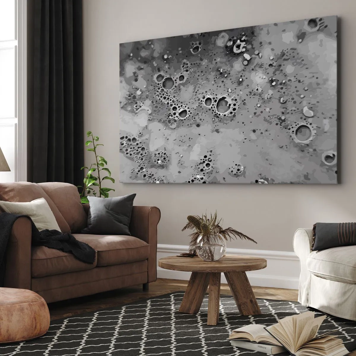Impression sur toile - Image sur toile - Motif de bulles abstrait noir et blanc - 100x70cm - Comme un paysage lunaire - Décoration murale moderne pour le salon et la chambre ARTTOR