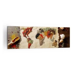 Impression sur toile - Image sur toile - Une carte du monde faite d'épices sur un fond en bois. - 160x50cm - Toutes les saveurs du monde - Décoration murale moderne pour le salon et la chambre ARTTOR