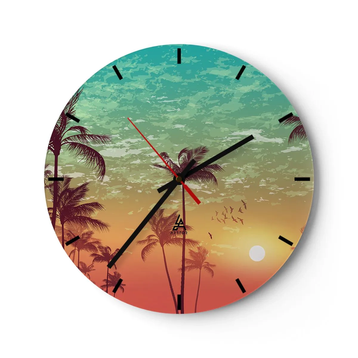 Horloge murale - Pendule murale - Palmiers contre le ciel aux nuances du coucher de soleil - 30x30cm - Ambiance tropicale - Décoration murale moderne pour le salon, la cuisine et la chambre ARTTOR