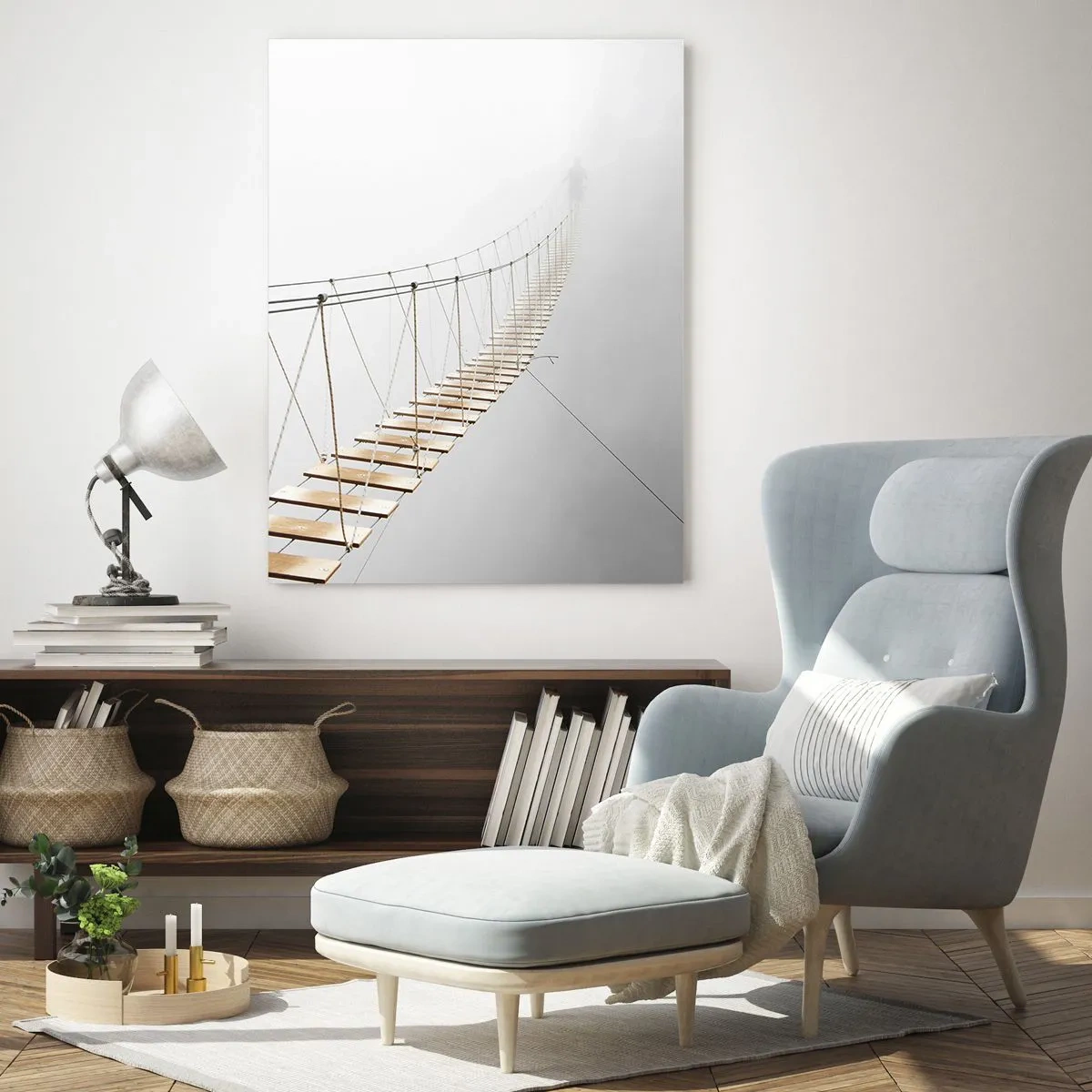 Impression sur verre - Image sur verre - Un pont suspendu dans le brouillard menant vers l'inconnu - 50x70cm - Où cela va-t-il te mener? - Décoration murale moderne pour le salon et la chambre ARTTOR