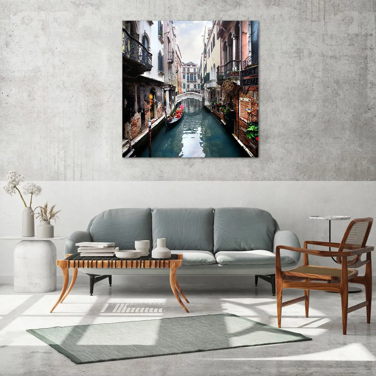 Impression sur verre - Image sur verre - Paysage vénitien avec une gondole et un pont - 50x50 cm