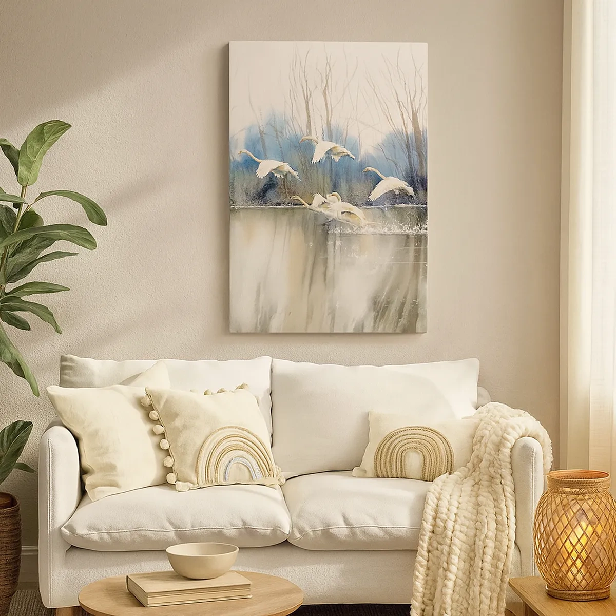 Impression sur toile - Image sur toile - Cygnes en vol au-dessus d'un lac gelé dans un paysage hivernal - 50x70cm - Comme dans un conte de fées sur les cygnes sauvages - Décoration murale moderne pour le salon et la chambre ARTTOR