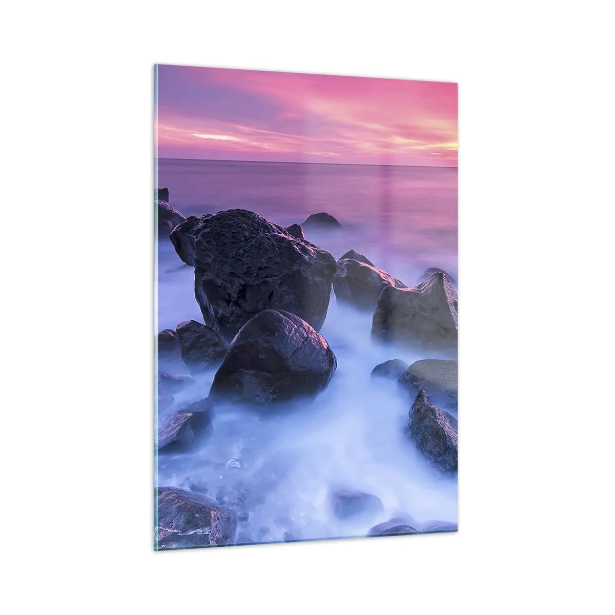 Impression sur verre - Image sur verre - Vagues s'écrasant sur les rochers au coucher du soleil - 50x70cm - Naissance dans la lumière et le brouillard - Décoration murale moderne pour le salon et la chambre ARTTOR