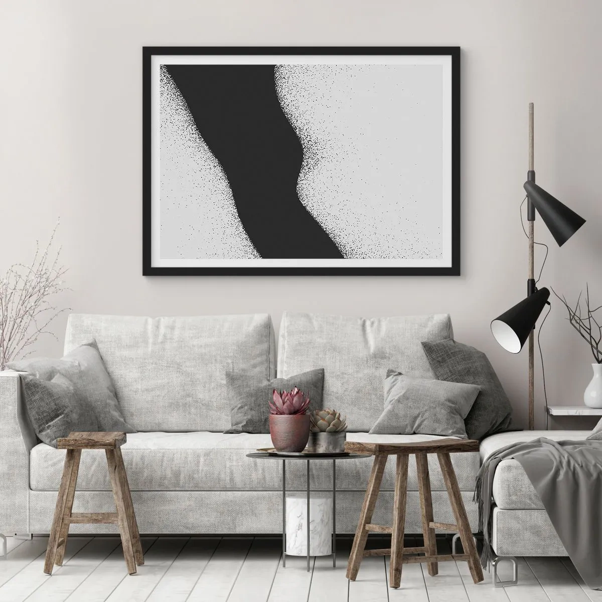 Affiche dans un cadre noir - Poster - Motif abstrait noir et blanc avec des points délicats sur toile - 100x70cm - Équilibre fluide - Décoration murale moderne pour le salon et la chambre ARTTOR